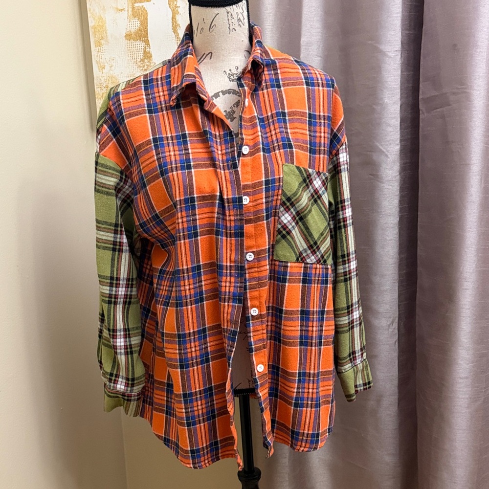 SHEIN Orange and Green Plaid Button Down Shirt